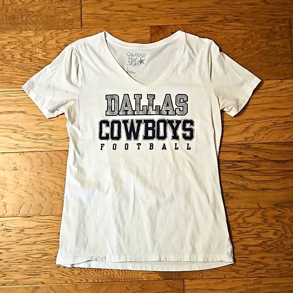 Dallas Cowboys Football Women's V Neck Tee White Blue Glitter Sparkles Large - Picture 1 of 6